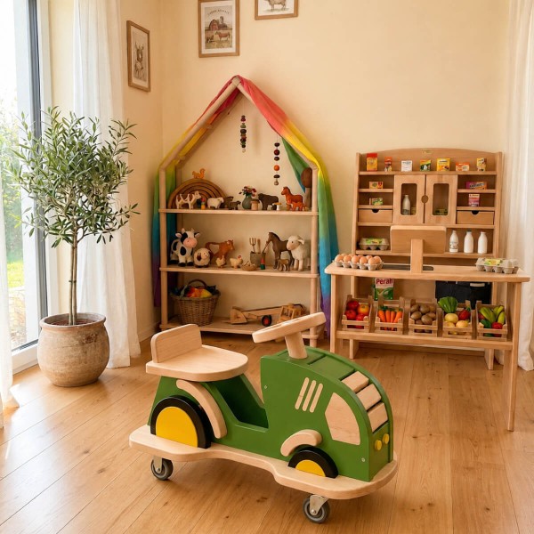 Holz Traktor BERTI integriert in ein Montessori-Kinderzimmer mit Bauernhof-Spielwelt.